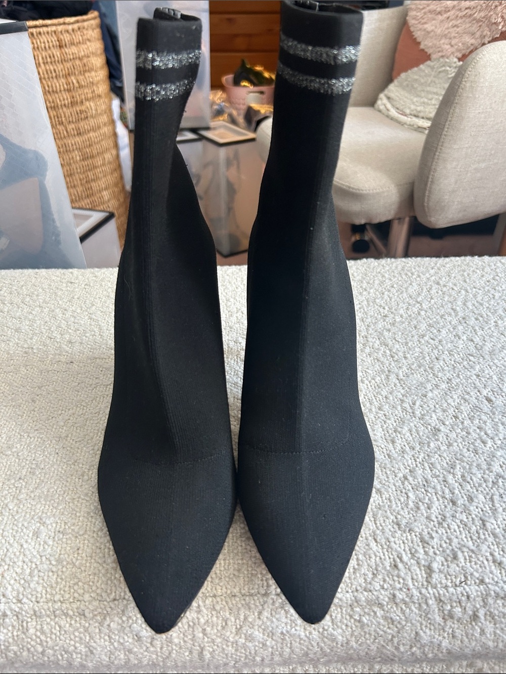 Leith Black Stretch Sock Ankle Booties with Silver Glitter Stripes